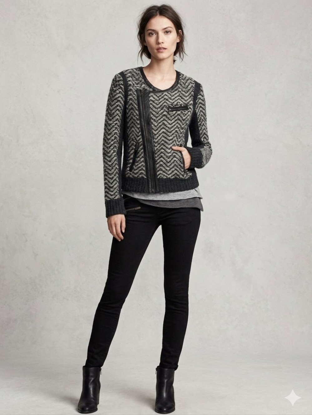 Rag & Bone Samantha Wool Knit Leather Trim Moto Jacket XS Excellent Condition